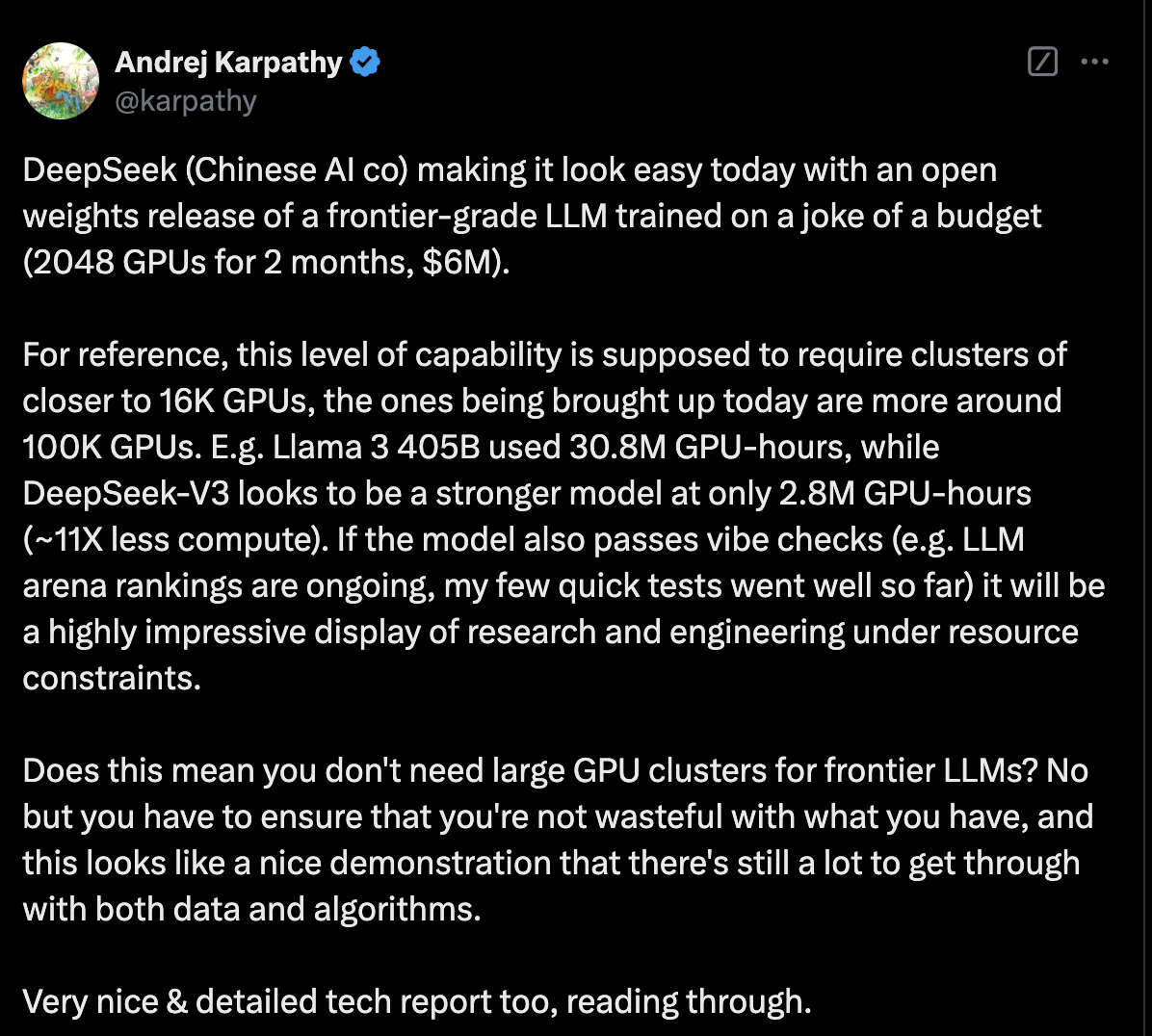 Andrez Karpathy on Deepseek v3